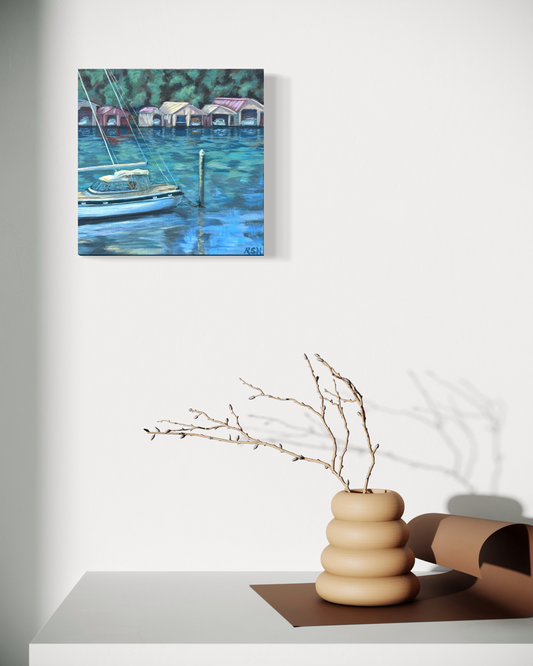 Whangarei Boat Sheds V: Yacht. 12" x 12"