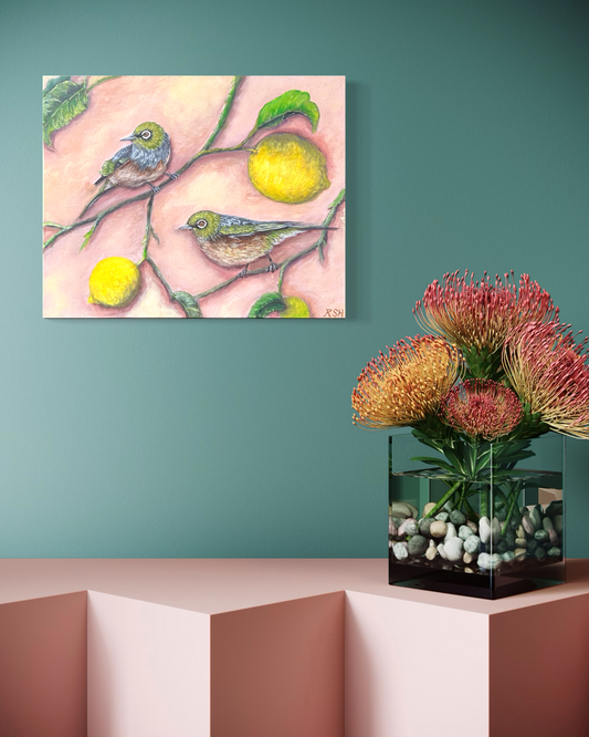 Waxeyes in the Lemons II, 20” x 20”