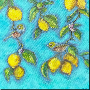 Waxeyes in the Lemons II, 20” x 20”